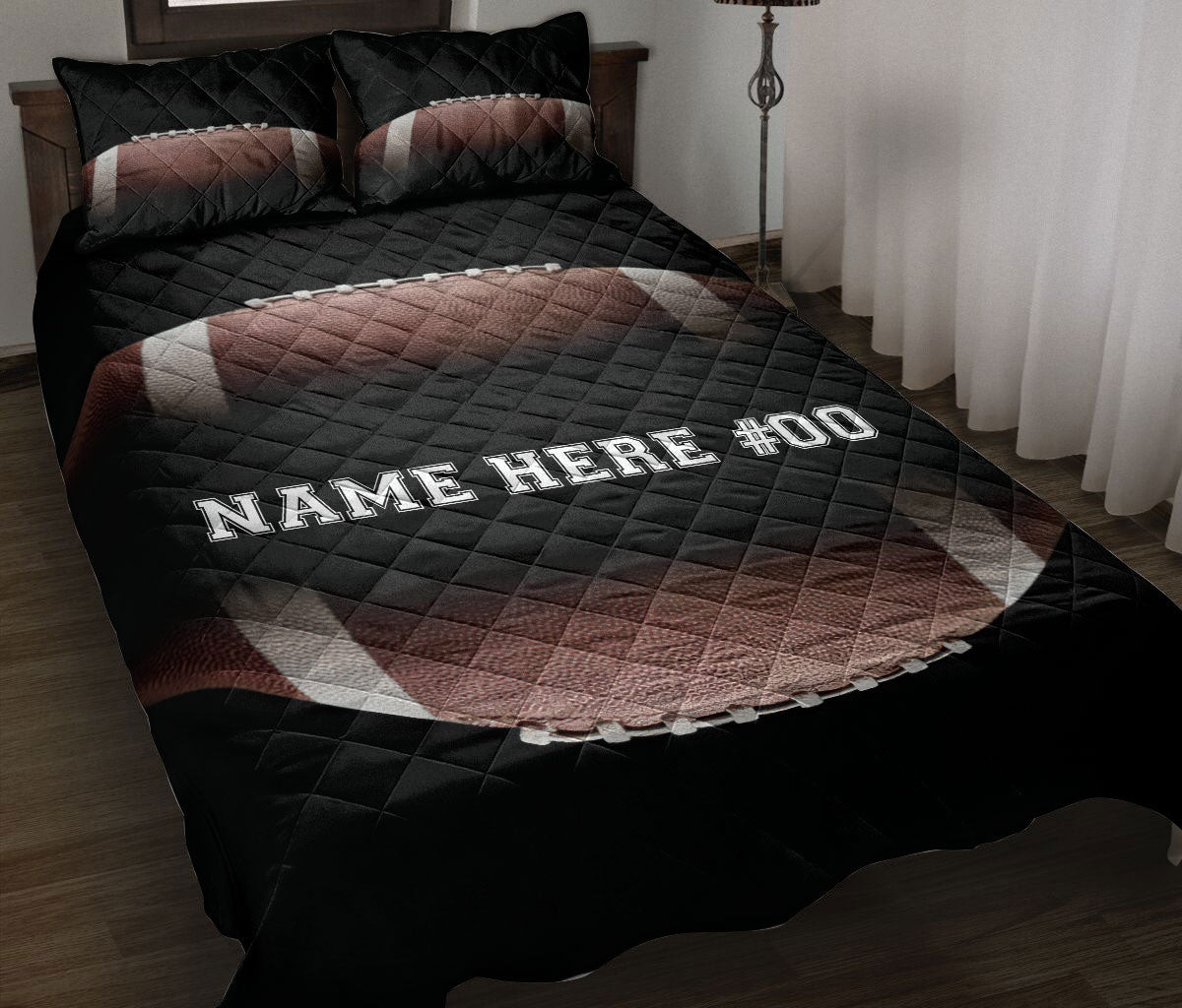 Personalized Football Quilt Bedding Set, Football Black Color With Balls Quilt Blanket With Pillowcases, Custom Name and Number Duvet Cover Set