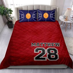 Personalized Basketball Quilt Bedding Set, Basketball Court Red Quilt Blanket With Pillowcases, Custom Name and Number Duvet Cover Set