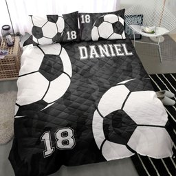 Personalized Soccer Quilt Bedding Set, Soccer Ball Black Quilt Blanket With Pillowcases, Custom Name and Number Duvet Cover Set