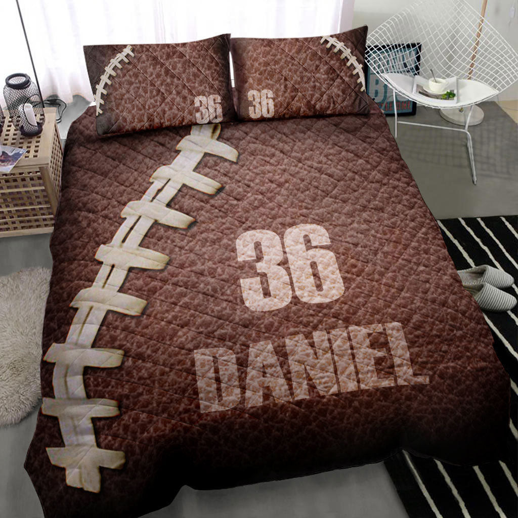Personalized Football Quilt Bedding Set, America Football Texture Quilt Blanket With Pillowcases, Custom Name and Number Duvet Cover Set