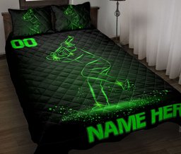 Personalized Baseball Quilt Bedding Set, Baseball Batter Green Quilt Blanket With Pillowcases, Custom Name and Number Duvet Cover Set, Sports Gifts
