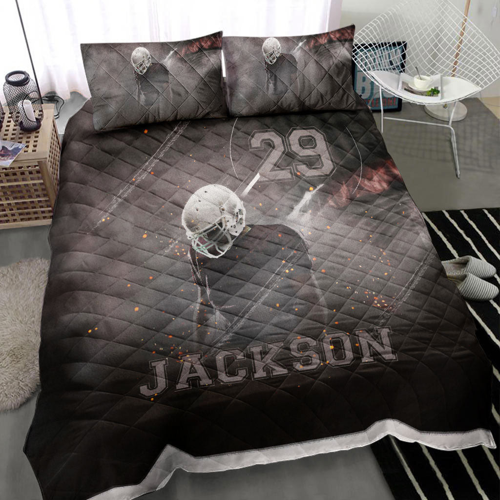 Personalized Football Quilt Bedding Set, Football Boy Smoke Quilt Blanket With Pillowcases, Custom Name and Number Duvet Cover Set