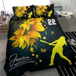 Personalized Softball Quilt Bedding Set, Softball Girl Sunflower Flower Quilt Blanket With Pillowcases, Custom Name and Number Duvet Cover Set