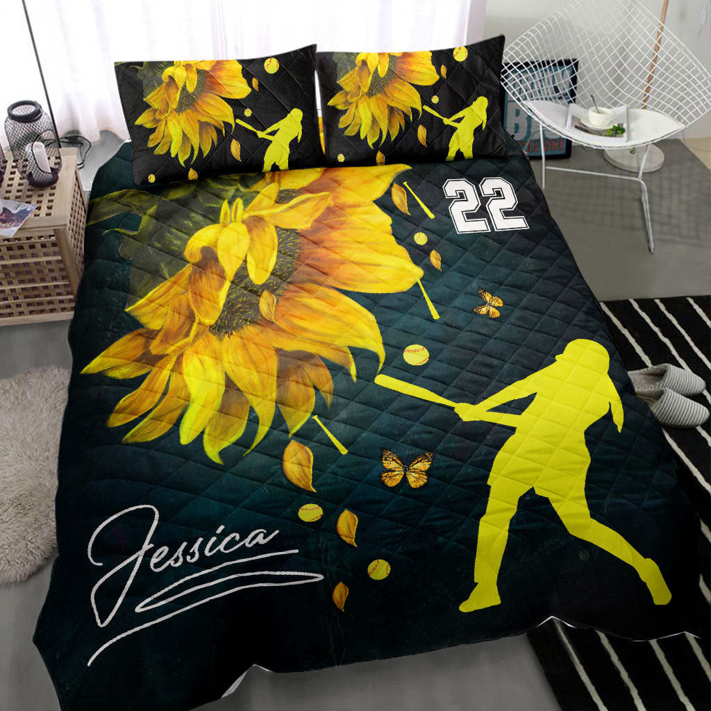 Personalized Softball Quilt Bedding Set, Softball Girl Sunflower Flower Quilt Blanket With Pillowcases, Custom Name and Number Duvet Cover Set