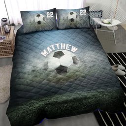 Personalized Soccer Quilt Bedding Set, Soccer Ball Smoke Quilt Blanket With Pillowcases, Custom Name and Number Duvet Cover Set