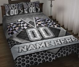 Personalized Racing Quilt Bedding Set, Racing Hologram Checkered Flag Quilt Blanket With Pillowcases, Custom Name and Number Duvet Cover Set