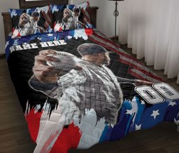 Personalized Baseball Quilt Bedding Set, Baseball US Flag Quilt Blanket With Pillowcases, Custom Name and Number Duvet Cover Set, Sports Gifts