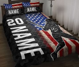 Personalized Softball Quilt Bedding Set, Softball Batter US Flag Quilt Blanket With Pillowcases, Custom Name and Number Duvet Cover Set