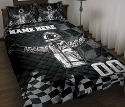 Personalized Racing Quilt Bedding Set, Racing Racer Checkered Flag Quilt Blanket With Pillowcases, Custom Name and Number Duvet Cover Set