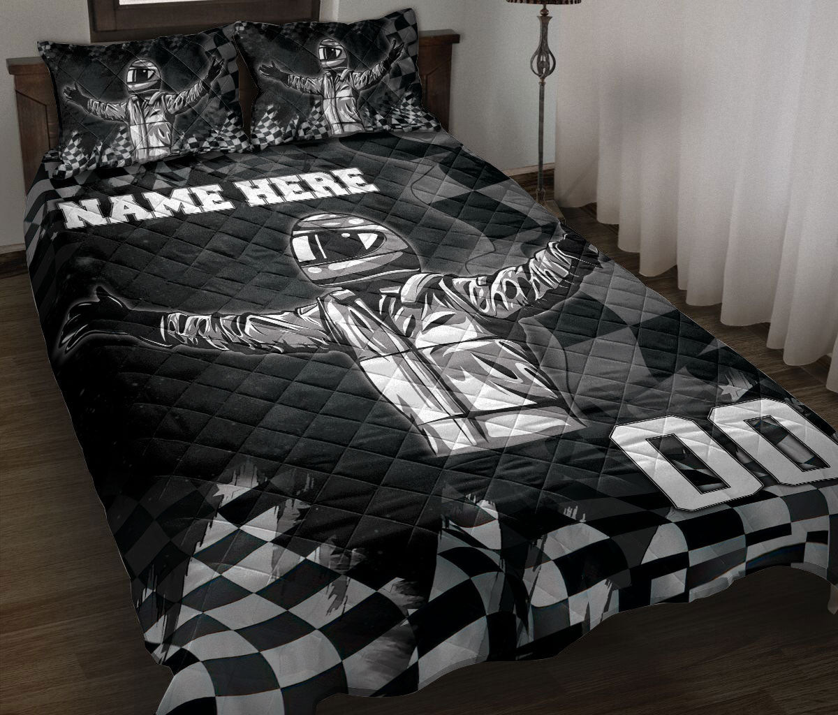 Personalized Racing Quilt Bedding Set, Racing Racer Checkered Flag Quilt Blanket With Pillowcases, Custom Name and Number Duvet Cover Set
