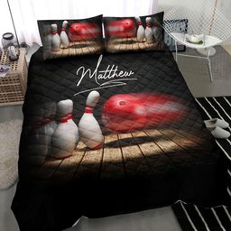 Personalized Bowling Quilt Bedding Set, Bowling Ball Pin Bowler Black Quilt Blanket With Pillowcases, Custom Name and Number Duvet Cover Set