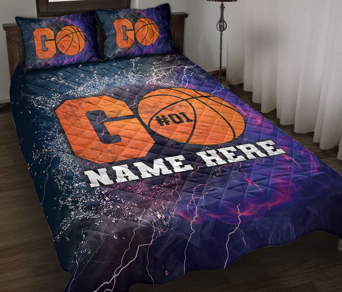 Personalized Basketball Quilt Bedding Set, Go Basketball Player Quilt Blanket With Pillowcases, Custom Name and Number Duvet Cover Set