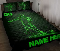 Personalized Soccer Quilt Bedding Set, Soccer Player Green Quilt Blanket With Pillowcases, Custom Name and Number Duvet Cover Set