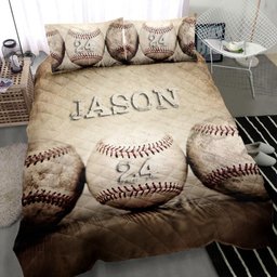 Personalized Baseball Quilt Bedding Set, Baseball Ball Beige Quilt Blanket With Pillowcases, Custom Name and Number Duvet Cover Set, Sports Gifts