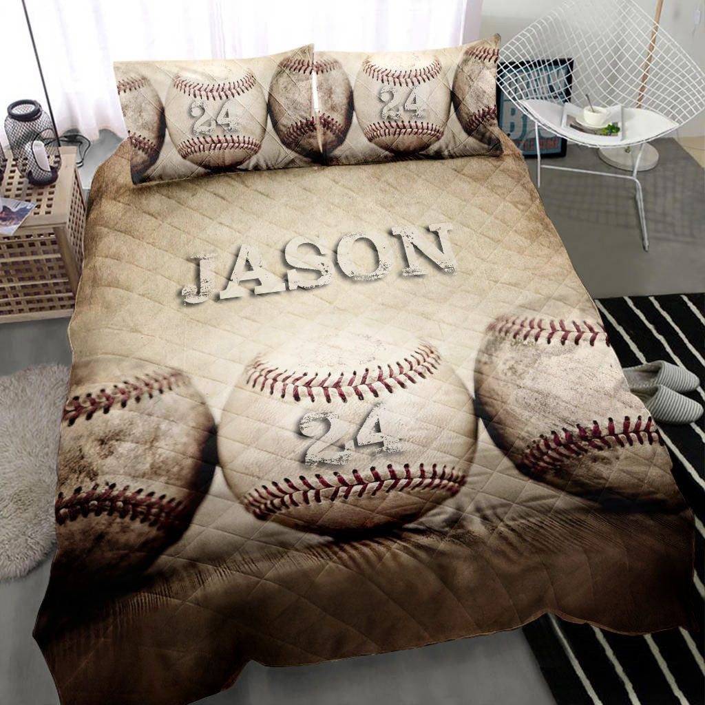 Personalized Baseball Quilt Bedding Set, Baseball Ball Beige Quilt Blanket With Pillowcases, Custom Name and Number Duvet Cover Set, Sports Gifts