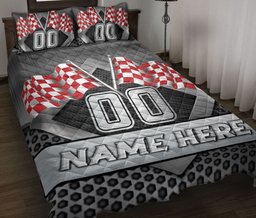Personalized Racing Quilt Bedding Set, Racing Red Checkered Flag Quilt Blanket With Pillowcases, Custom Name and Number Duvet Cover Set