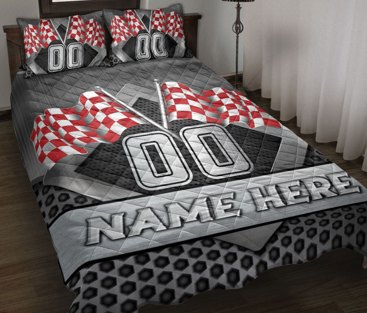 Personalized Racing Quilt Bedding Set, Racing Red Checkered Flag Quilt Blanket With Pillowcases, Custom Name and Number Duvet Cover Set