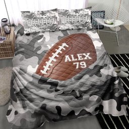 Personalized Football Quilt Bedding Set, Football Ball Bag Grey Quilt Blanket With Pillowcases, Custom Name and Number Duvet Cover Set