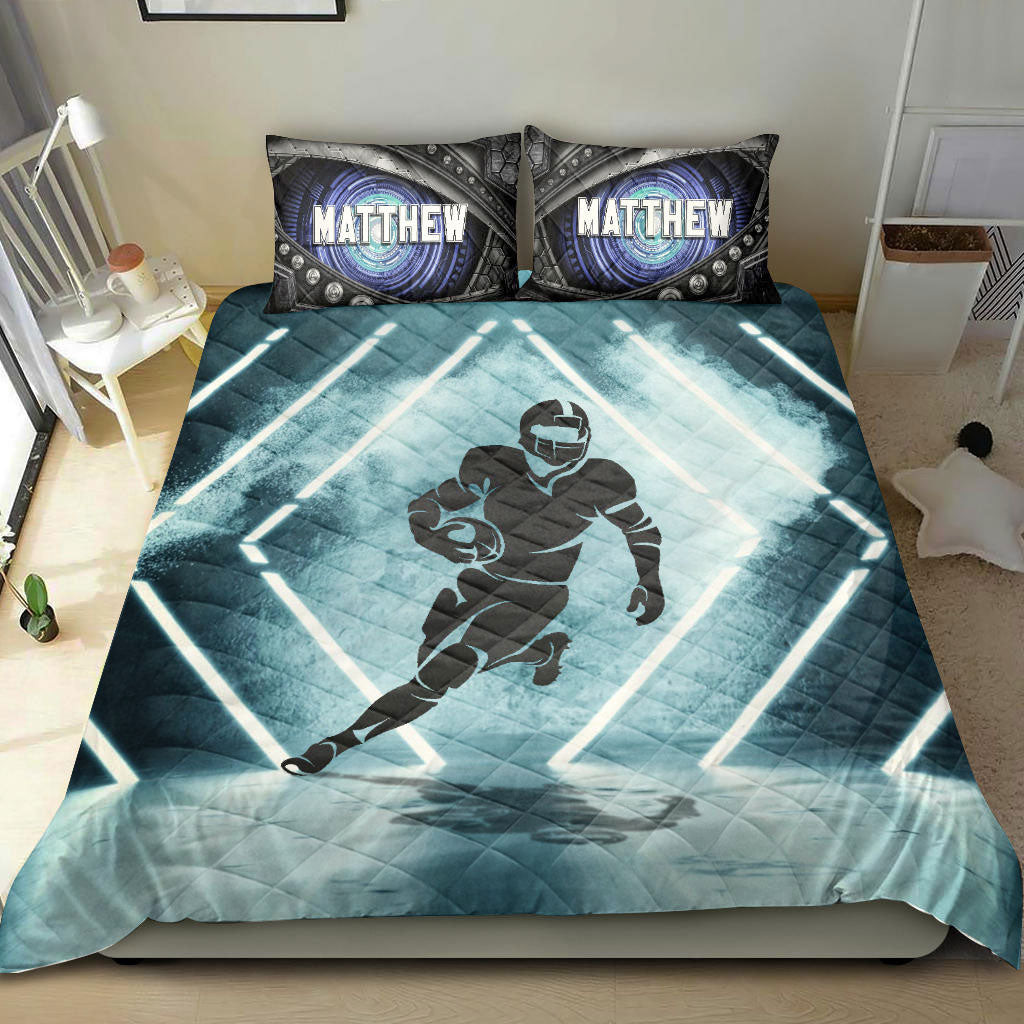 Personalized Football Quilt Bedding Set, Football Neon Smoke Quilt Blanket With Pillowcases, Custom Name and Number Duvet Cover Set