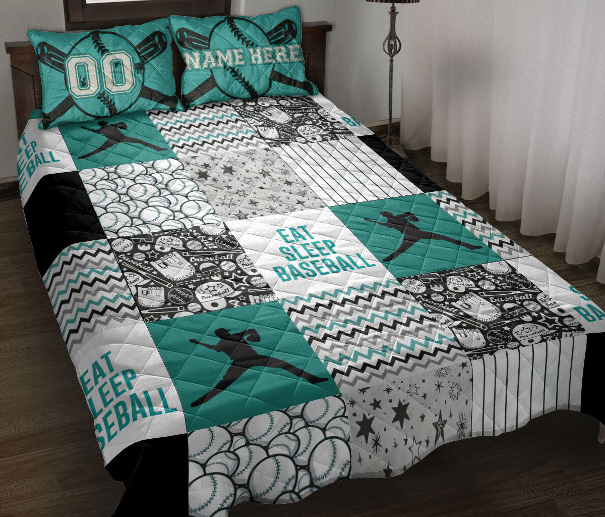 Personalized Baseball Quilt Bedding Set, Eat Sleep Baseball Boy Patchwork Quilt Blanket With Pillowcases, and Number Bedding, Sports Gifts