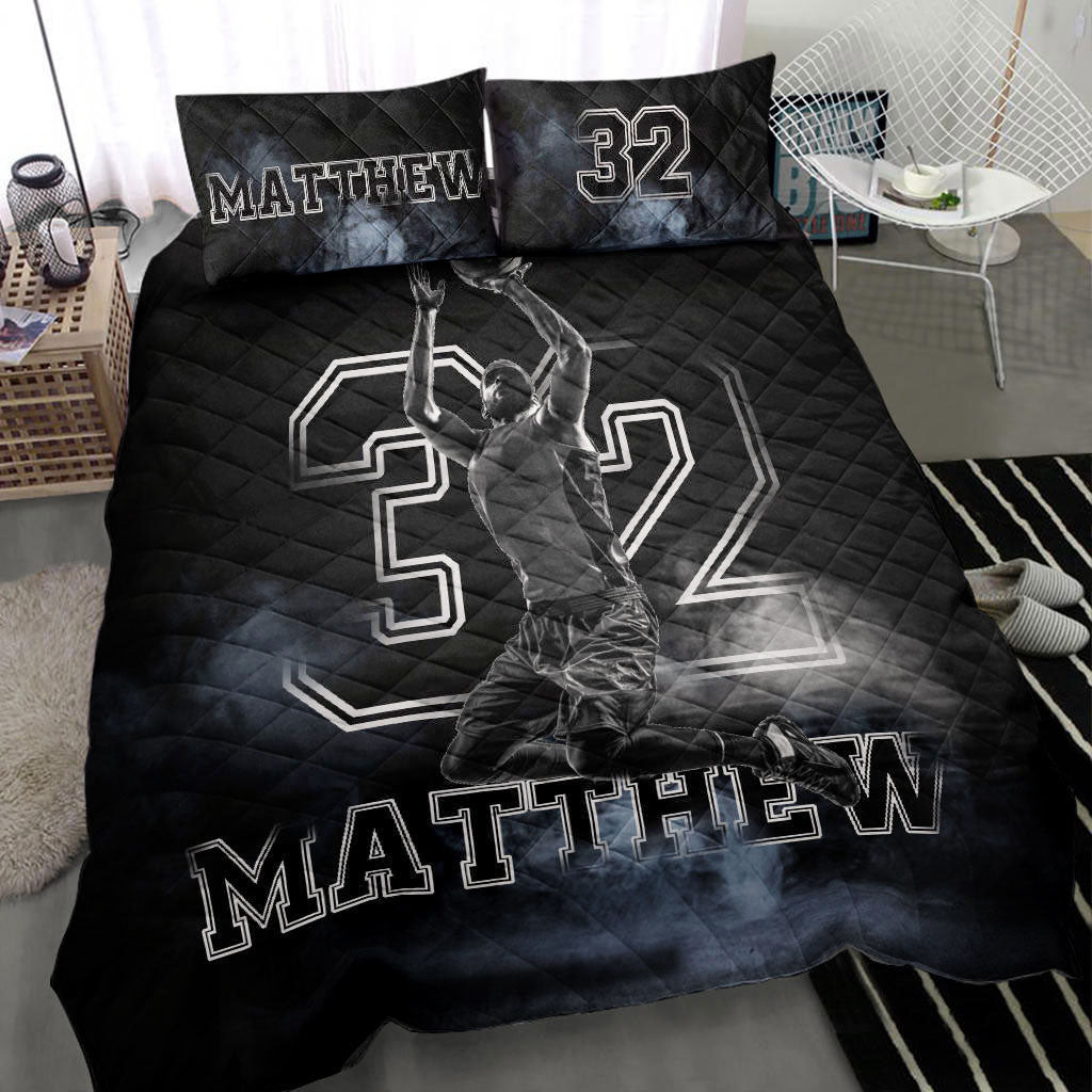 Personalized Basketball Quilt Bedding Set, Basketball Boy Fog Black Quilt Blanket With Pillowcases, Custom Name and Number Duvet Cover Set