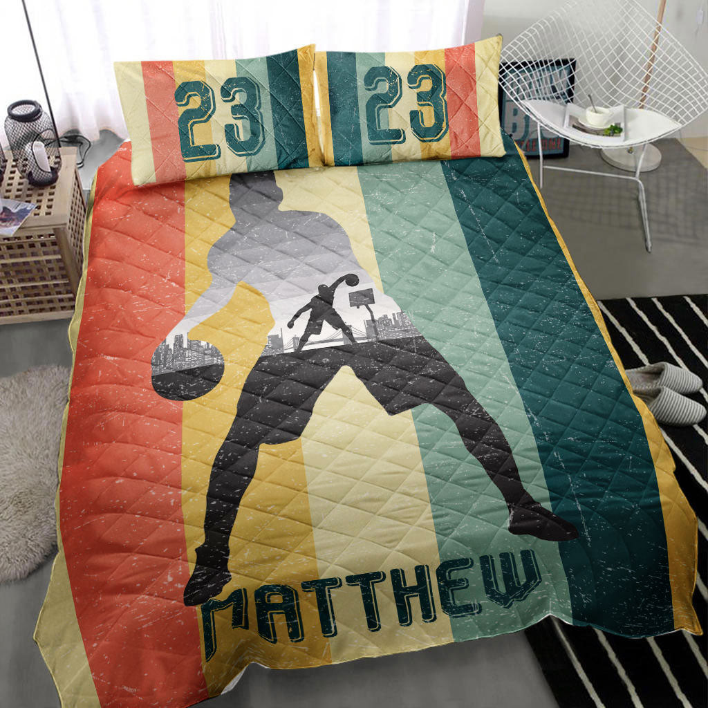 Personalized Basketball Quilt Bedding Set, Basketball Retro Idae Quilt Blanket With Pillowcases, Custom Name and Number Duvet Cover Set