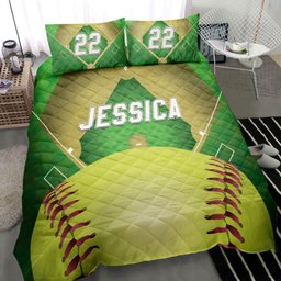Personalized Softball Quilt Bedding Set, Softball Field And Ball 3D Quilt Blanket With Pillowcases, Custom Name and Number Duvet Cover Set