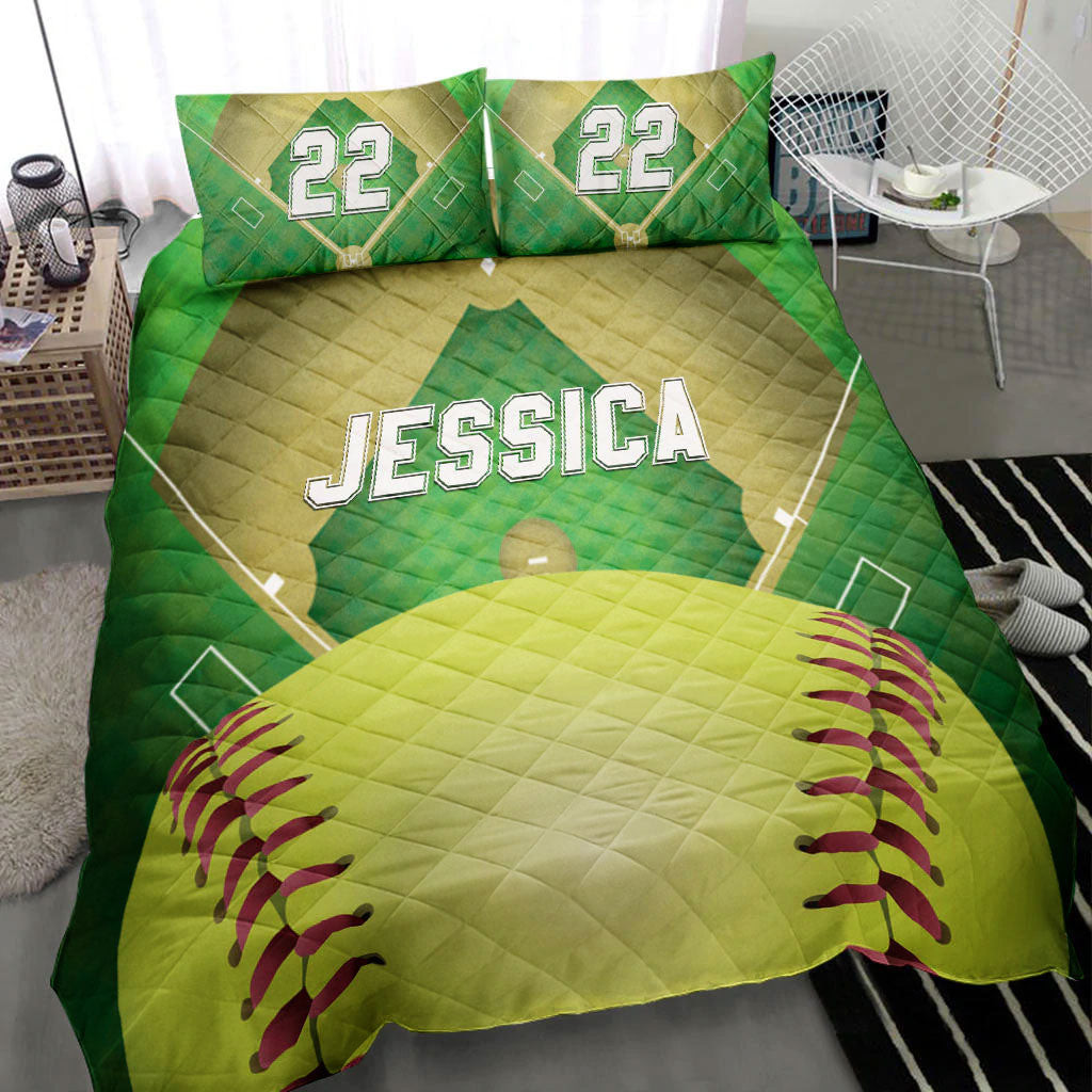 Personalized Softball Quilt Bedding Set, Softball Field And Ball 3D Quilt Blanket With Pillowcases, Custom Name and Number Duvet Cover Set