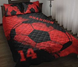 Personalized Soccer Quilt Bedding Set, Soccer Red Black Ball Quilt Blanket With Pillowcases, Custom Name and Number Duvet Cover Set