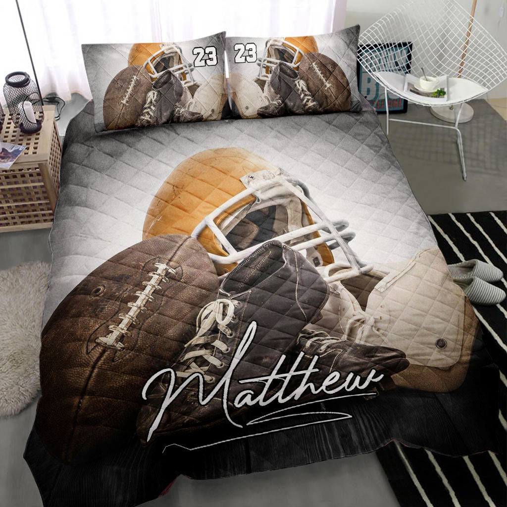 Personalized Football Quilt Bedding Set, America Football Quilt Blanket With Pillowcases, Custom Name and Number Duvet Cover Set