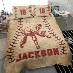 Personalized Baseball Quilt Bedding Set, Baseball Players Batter Quilt Blanket With Pillowcases, Custom Name and Number Duvet Cover Set, Sports Gifts