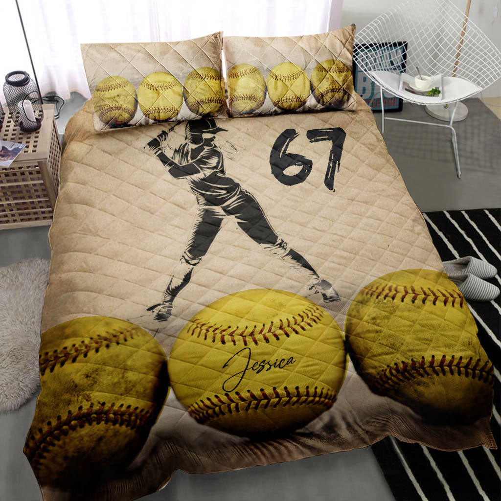 Personalized Softball Quilt Bedding Set, Softball Girl Ball Batter Quilt Blanket With Pillowcases, Custom Name and Number Duvet Cover Set