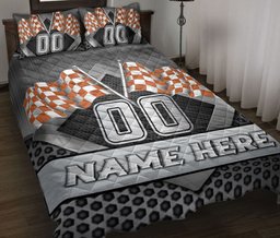 Personalized Racing Quilt Bedding Set, Racing Orange Checkered Flag Quilt Blanket With Pillowcases, Custom Name and Number Duvet Cover Set