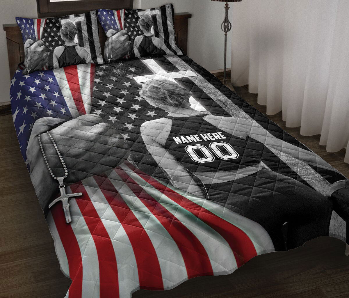 Personalized Volleyball Quilt Bedding Set, Volleyball Playerian US Flag Quilt Blanket With Pillowcases, Custom Name and Number Duvet Cover Set