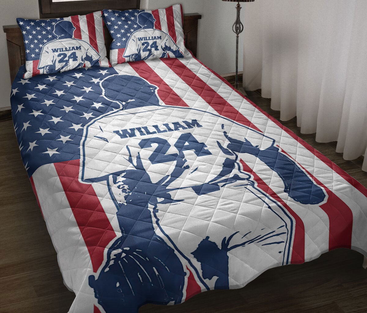 Personalized Baseball Quilt Bedding Set, Baseball Boy US Flag Quilt Blanket With Pillowcases, Custom Name and Number Duvet Cover Set, Sports Gifts