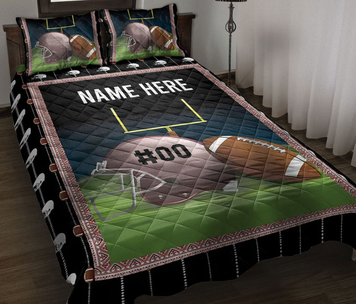 Personalized Football Quilt Bedding Set, Football Ball Quilt Blanket With Pillowcases, Custom Name and Number Duvet Cover Set