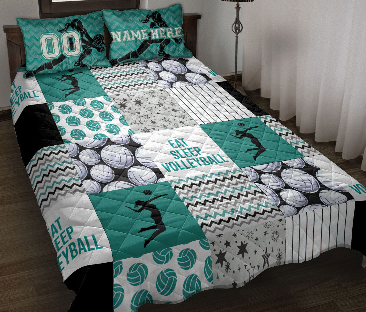 Personalized Volleyball Quilt Bedding Set, Eat Sleep Volleyball Girl Quilt Blanket With Pillowcases, Custom Name and Number Duvet Cover Set