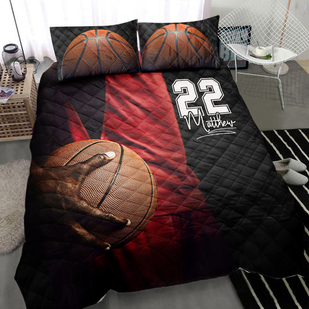 Personalized Basketball Quilt Bedding Set, Basketball Dark Background Quilt Blanket With Pillowcases, Custom Name and Number Duvet Cover Set