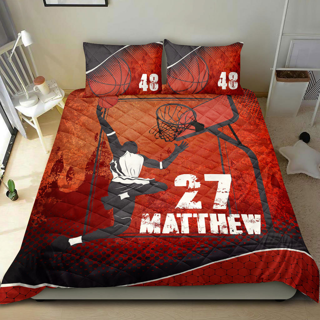 Personalized Basketball Quilt Bedding Set, Basketball Jump Slamdunk Red Quilt Blanket With Pillowcases, Custom Name and Number Duvet Cover Set