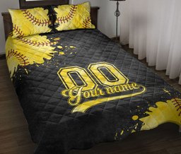 Personalized Softball Quilt Bedding Set, Softball Yellow Ball Watercolor Quilt Blanket With Pillowcases, Custom Name and Number Duvet Cover Set
