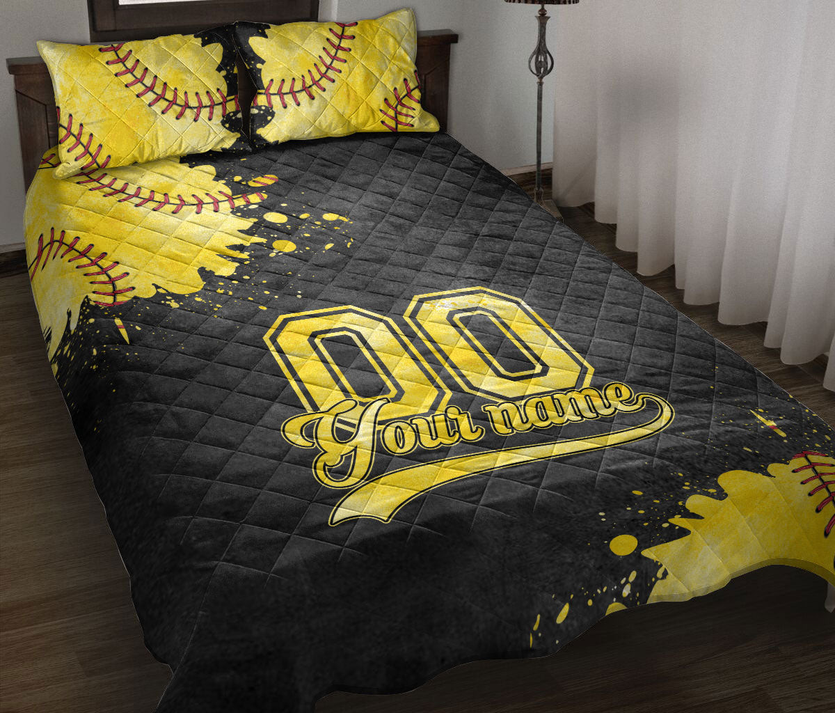 Personalized Softball Quilt Bedding Set, Softball Yellow Ball Watercolor Quilt Blanket With Pillowcases, Custom Name and Number Duvet Cover Set