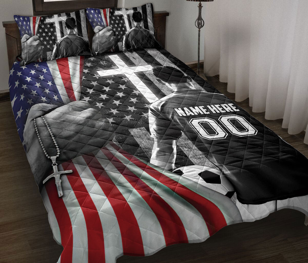 Personalized Soccer Quilt Bedding Set, Soccerian US Flag Cross Quilt Blanket With Pillowcases, Custom Name and Number Duvet Cover Set
