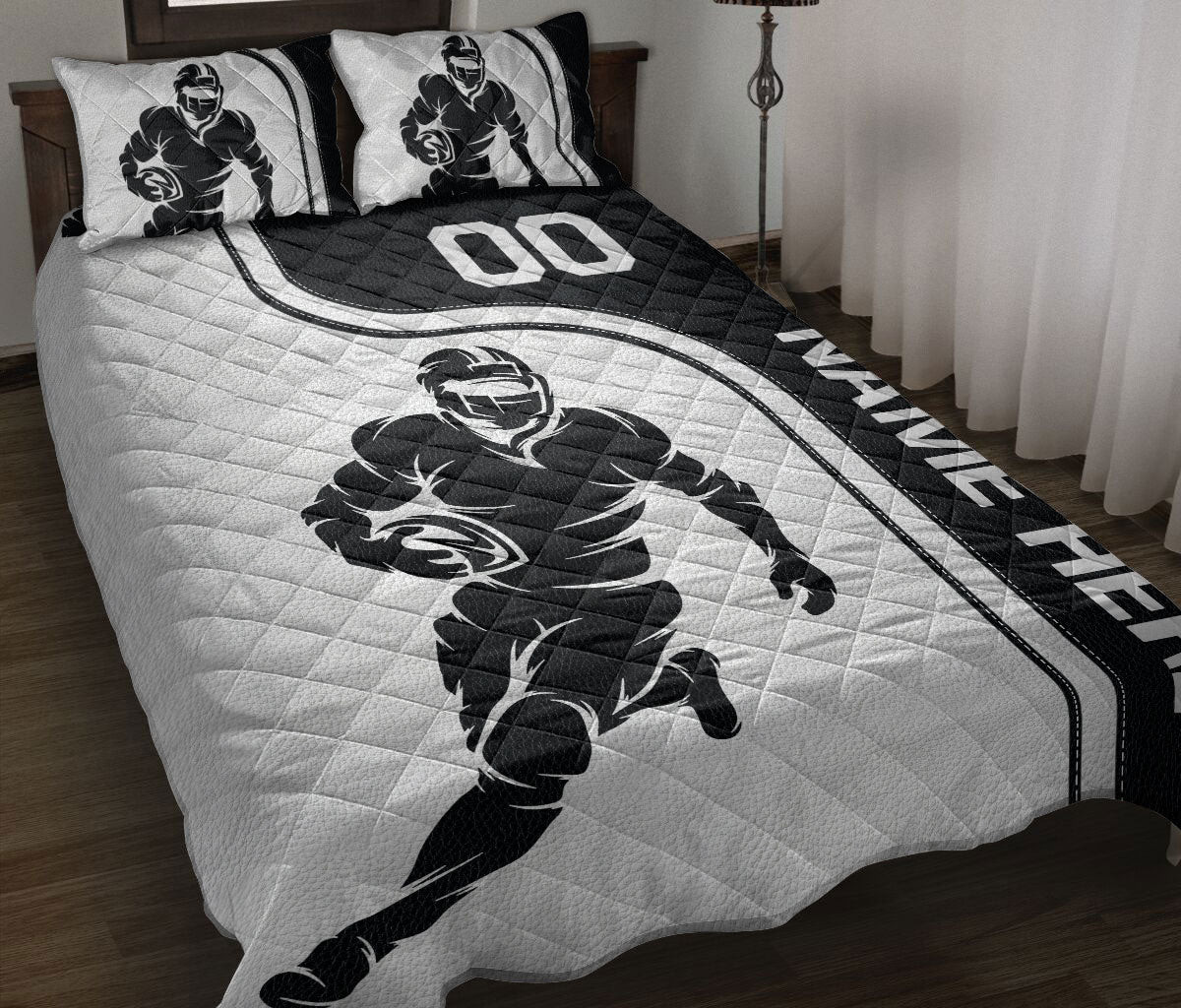 Personalized Football Quilt Bedding Set, Football Player Black & White Quilt Blanket With Pillowcases, Custom Name and Number Duvet Cover Set
