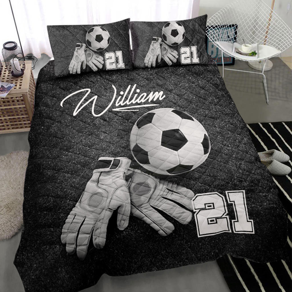 Personalized Soccer Quilt Bedding Set, Soccer Goalkeeper Gloves Quilt Blanket With Pillowcases, Custom Name and Number Duvet Cover Set