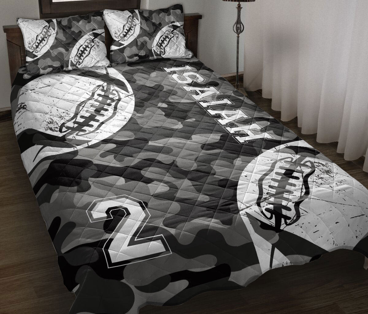 Personalized Football Quilt Bedding Set, American Football Black Quilt Blanket With Pillowcases, Custom Name and Number Duvet Cover Set