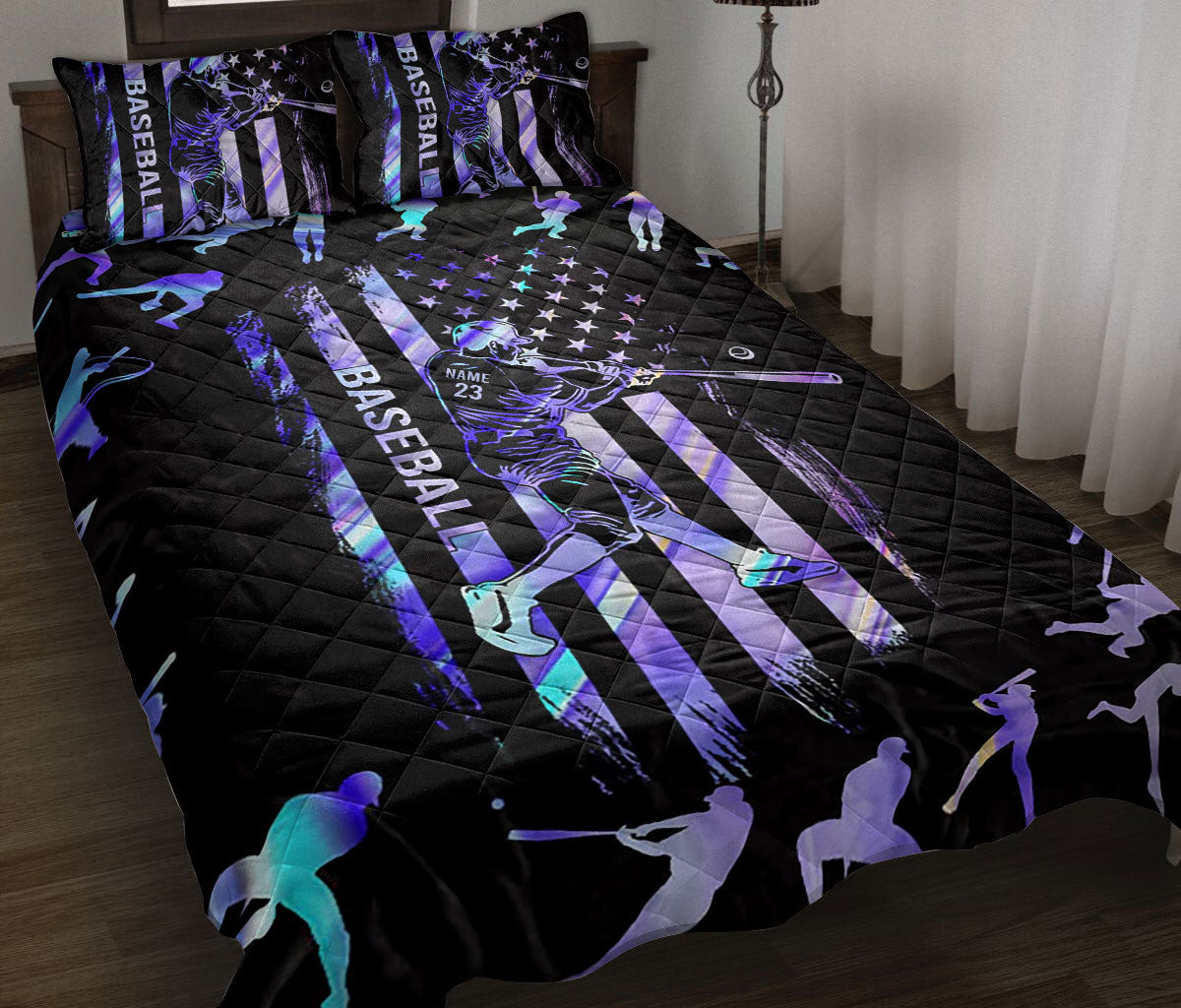 Personalized Baseball Quilt Bedding Set, Baseball Batter USFlags Quilt Blanket With Pillowcases, Custom Name and Number Duvet Cover Set, Sports Gifts