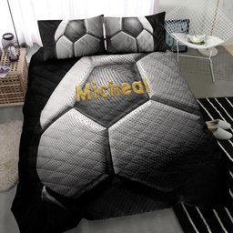 Personalized Soccer Quilt Bedding Set, Soccer Ball 3D Memory Black Quilt Blanket With Pillowcases, Custom Name and Number Duvet Cover Set