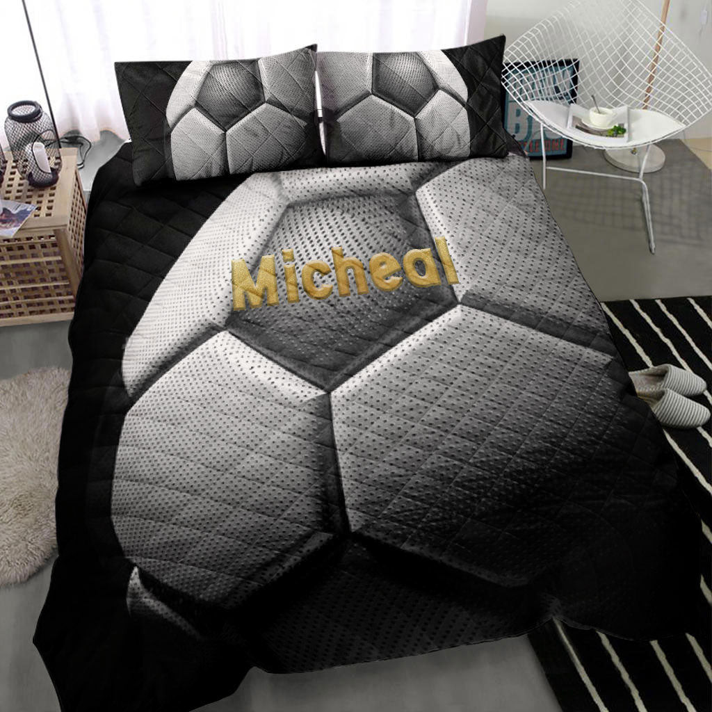 Personalized Soccer Quilt Bedding Set, Soccer Ball 3D Memory Black Quilt Blanket With Pillowcases, Custom Name and Number Duvet Cover Set