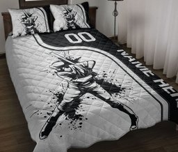 Personalized Baseball Quilt Bedding Set, Baseball Batter Black & White Quilt Blanket With Pillowcases, Custom Name and Number Duvet Cover Set, Sports Gifts