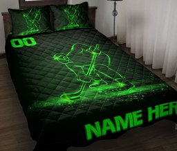 Personalized Hockey Quilt Bedding Set, Hockey Player Green Quilt Blanket With Pillowcases, Custom Name and Number Duvet Cover Set